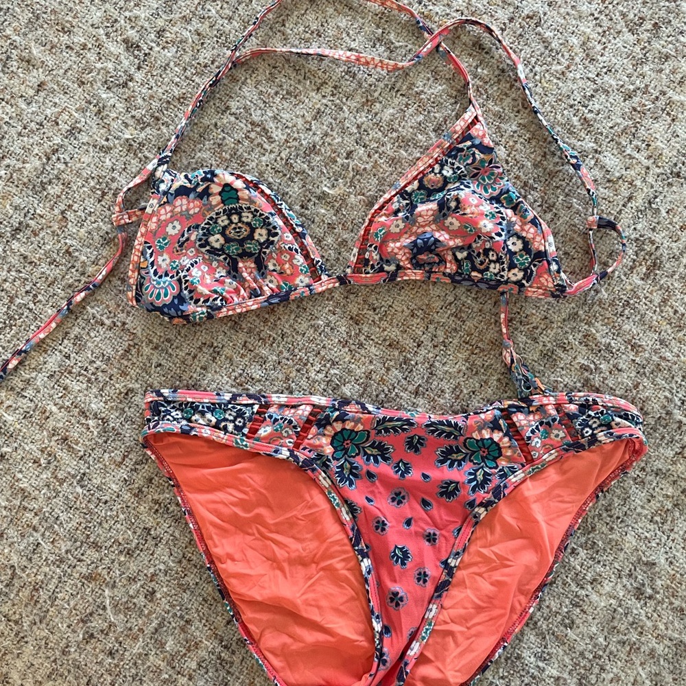 Red Carter Floral Bikini - Coral and Navy